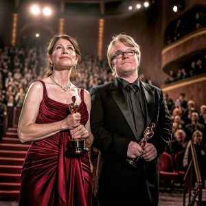 Catherine Keener, in a luxurious red gown, and Philip Seymour Hoffman, in a black suit and glasses, accepting an award at the Academy Awards. Crowded auditorium, spotlight on them.