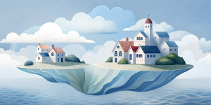 White illustration, Rene magritte style, isolated surrealistic collage of a lot of old Australia houses and trees on island, huge ocean and big sky, light pastel colors, asymmetrical composition, zoom out view, grainy texturing paper