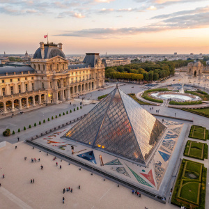 Aerial view of the Louvre Museum in Paris, France. Majestic structure with intricate designs and vibrant hues.