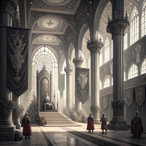 Digital illustration of grand throne room in black and white. Tall columns, arches, banners, intricate designs, sculptures, individuals in traditional attire, natural light filtering through large windows, reminiscent of medieval art.