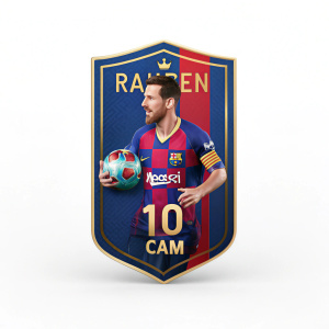 Digital illustration of Lionel Messi player card. Shield-shaped design with Messi in a blue and red striped Barcelona jersey. Features include the club crest, Rokuten logo, and number '10 CAM'. Colors are blue, red, and gold.