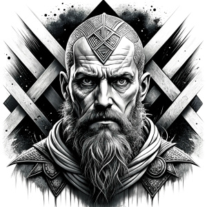 walhalla, viking warrior,  runics face, black work, white backrounds