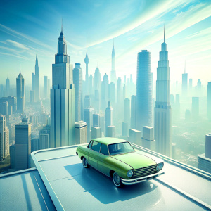 Retro car standing in the middle of deserted modern futuristic city, photorealism, top view, clear photo, professional photo, 8k, 
