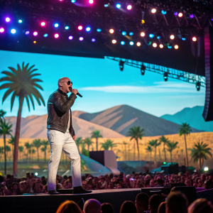 Pitbull, the rapper, performing at Coachella. Desert backdrop with thousands of fans in attendance.