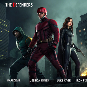 Promotional poster for Marvel's 'The Defenders'. Dark color scheme. Group of superheroes in dynamic poses.