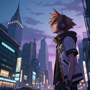 Neku Sakuraba from the anime series 'The World Ends with You'. Character is standing in a modern, bustling cityscape at twilight.