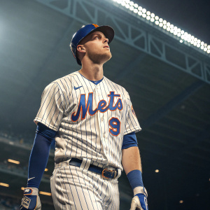 Brandon Nimmo, baseball player, dressed in full uniform with Mets logo and jersey number 9. Intense expression, indoor stadium, dark backdrop.