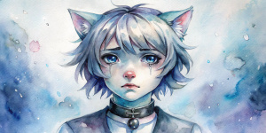 cute femboy with tears, cat  ears, black tail, collar
