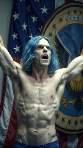 Evan Peters, long blue hair, actor relaxing on a chair, shirtless, flexxing his arms up, feet to the camera, dirty, barefoot, american flag, president, close-up on the feet