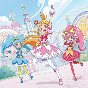 A vibrant anime scene featuring Pretty Cure characters. In dynamic poses, bright pastel tones, intricate backgrounds, and unique costumes.