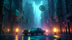 black car drives in city scene, daylight, neon ambiance, abstract black oil, gear mecha, detailed acrylic, grunge, intricate complexity, rendered in unreal engine, photorealistic