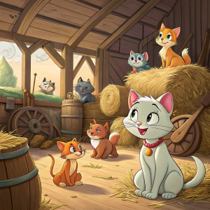 Illustration from 'The Aristocats', showcasing a group of animated cats in diverse colors and poses. They are situated in a cozy, rustic barn with wooden beams and an earthy color palette featuring both warm tones and bright highlights.