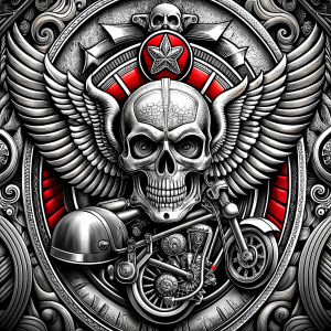 motorcycle club tattoo design - perfect realistic art - high-definition - grey and black - white background 