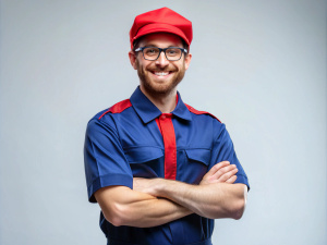 señor vestido de uniforme azul, con gorra roja, lentes y sonriendo con mostrandose todo el cuerpo