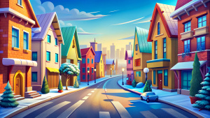 car on the road cartoon city street in winter colored houses road from left to right