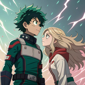 Digital art featuring Izuku Midoriya and Eri from My Hero Academia. Izuku stands confidently, Eri leans close. Set against a backdrop of abstract, jagged shapes.