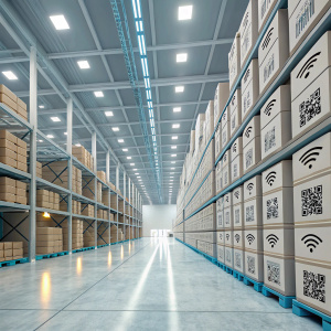 A futuristic 3D warehouse model with towering shelves and an abundance of neatly stacked boxes featuring QR code and RFID icons