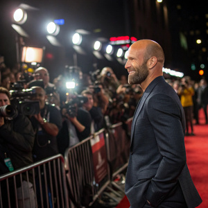 Jason Statham, bald head and beard, in a red carpet interview. Crowd of cameras and flashing lights.