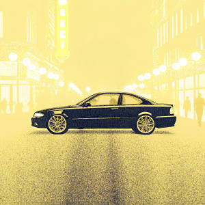 A sleek black BMW M3 in front of a neon-lit cityscape. The vibrant street is bustling with activity.