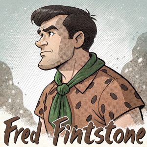 Fred Flintstone, cartoon character from The Flintstones, strong jawline, dark hair, wears brown speckled shirt and green scarf. Comic book style art with bold lines and shading. Character's name below.