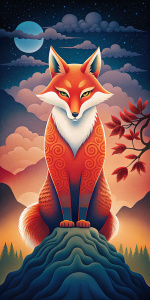 red fox, japanese anime art style, in the style of Hiroshi Yoshida and in the style of Kim Jung Gi