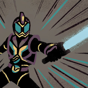 Digital illustration of Kamen Rider Ex Aid in a fierce battle pose. Futuristic tech suit with pink, green, and gold. Bold, dynamic lines and vibrant colors. Abstract background filled with motion and energy.