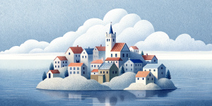 White illustration, Rene magritte style, isolated surrealistic collage of a lot of old Austrian houses and trees on island, huge ocean and big sky, light pastel colors, asymmetrical composition, zoom out view, grainy texturing paper