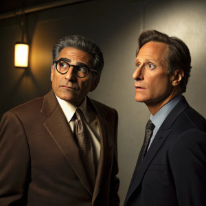 Eugene Levy and Steven Weber in a dimly lit studio. Levy in brown suit, glasses, Weber in dark suit, tie. Levy serious, Weber surprised.