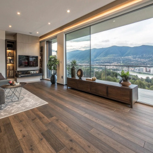 Welcome to Kroya Luxury by Nature. Elevate Your Space with Our Premium Flooring Solutions. Discover the blend of luxury and nature in our engineered hardwood flooring, outdoor decking, and SPC vinyl products. Featured in a modern, spacious living area, our hardwood flooring complements a sleek TV and contemporary decor, framed by a large window offering breathtaking views of city and mountain panoramas. For more details, contact us today.