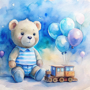 Un Dibujo infantil en acuarelas, es un bebe oso setado, con su tshirt blanco y su short azul marino, a su lado derecho hay muchos globos de colores celeste azul y blanco, a su lado izquierdo hay un tren de madera, el fondo es color celeste pastel como nubes  