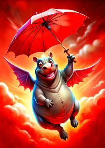 Flying, Funny hippopotamus with wings and a red umbrella, with a wide smile, positive, advertising photo
