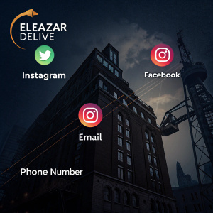 Digital media profile page. Dark background. Eleazar Delive's logos for Instagram, Facebook, email and phone number in prominent positions.