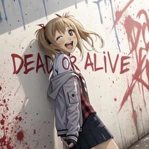 Anime character illustration. The girl, with winking eyes and a playful pose, stands against a chaotic background filled with splatters and graffiti-like text reading 'DEAD.OR.ALIV'.