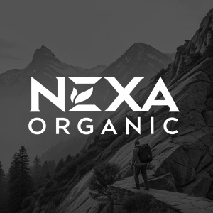 Nexa Organic's rebranding features a logo in bold sans-serif font, white on black background, modern and sleek design.
