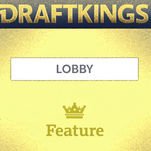 High-definition screenshot of DraftKings homepage. Eye-catching logo with crown symbol. Dark background, vibrant green and gold text. 'Lobby' and 'Feature' sections highlighted.