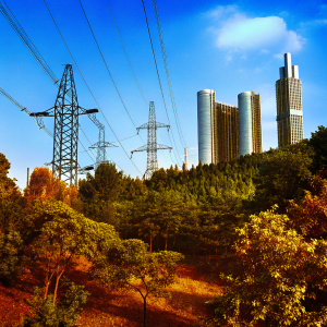3D digital landscape featuring futuristic cityscape with towering buildings, power lines, and lush greenery. Created using Adobe Premiere, Maya, and Photoshop. Includes detailed modeling, texturing, and rendering techniques.