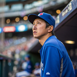 Munenori Kawasaki, baseball player, intense gaze, blue jersey, blurred stadium background