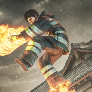 Shinra Kusakabe from Fire Force, in a dynamic action pose, flames enveloping his body. Dark, stormy sky background