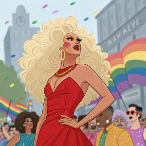In the vibrant world of 'RuPaul's Drag Race', a drag queen with a large blonde wig and a striking red dress stands out. The background teems with a variety of queens, each adorned in unique costumes and makeup, creating a lively and colorful scene.