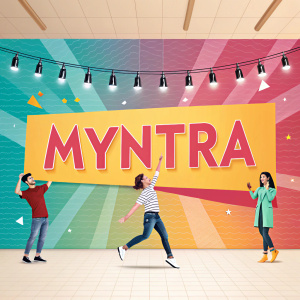 A digital ad for Myntra featuring a banner with bold text and discounts. Bright and cheerful colors.