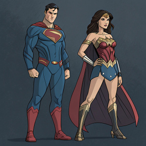 Digital illustration featuring Superman and Wonder Woman. Superman with muscular build, short dark hair, determined expression, blue suit, cape, standing against dark gray background. Wonder Woman in fierce expression, warrior-like stance. Comic book aesthetic