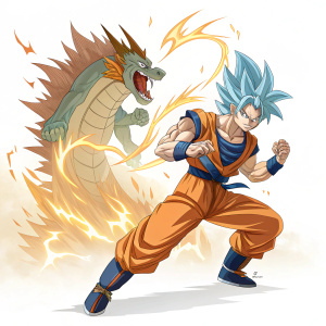 Digital painting of Goku in an intense fighting pose. He is surrounded by fiery energy. Behind him, a monstrous creature looms. Background is plain white. Detailed coloring highlights action and energy.
