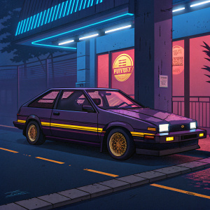 A vintage Toyota Corolla AE86 in a deep purple shade with a yellow stripe. Pixelated graphics and an 80s-themed setting with a neon blue and red backdrop.