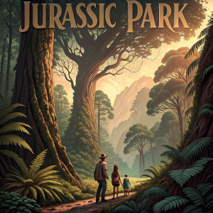 Illustration for Jurassic Park novel. A dense, lush prehistoric landscape. A small group of characters in the foreground. Warm, earthy color palette with rich greens and browns. Text at the top of the image.
