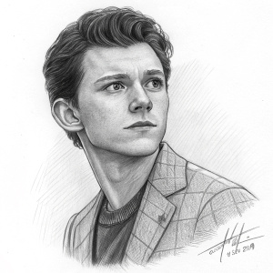 A detailed charcoal sketch of Tom Holland. Full body portrait. Signature at bottom right corner.