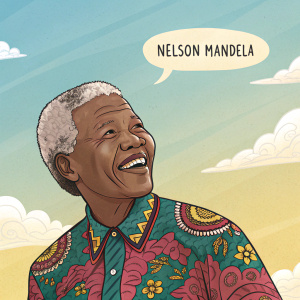 Nelson Mandela in a vibrant illustration, smiling widely, wearing a colorful shirt with detailed designs. A speech bubble with one of his famous quotes floats beside him. The background is a soft, gradient sky
