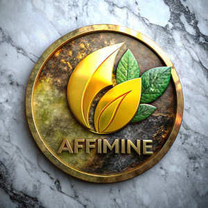 AFFIMINE text ,decoration 3d elegant  one elegant bold green leaf logo in round shape in Yellow color, background is white in 32K resolution
