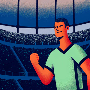 Cristiano Ronaldo, wearing a green jersey with black accents, poses confidently. Empty stadium with artificial turf.
