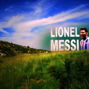 Digital illustration of Lionel Messi. He has a beard, set against a backdrop of vibrant colors. Messi's name in bold font to the right