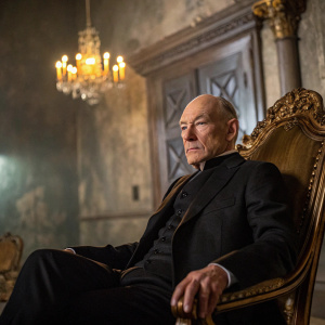 Patrick Stewart, distinguished actor, seated in an ornate chair. Wearing a dark suit. Intense expression. Aged walls and golden chandeliers visible in the background.